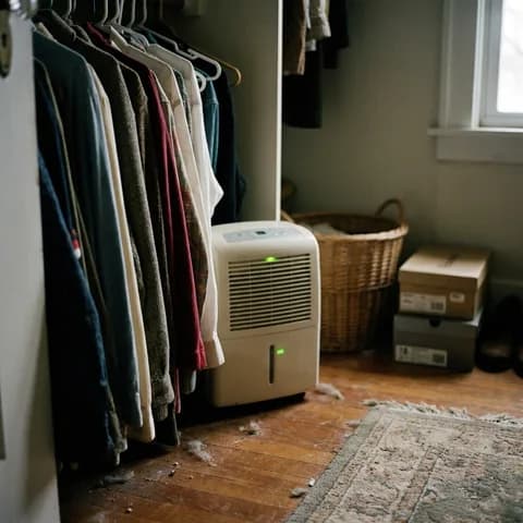 Open closet corner with a small dehumidifier running on the floor