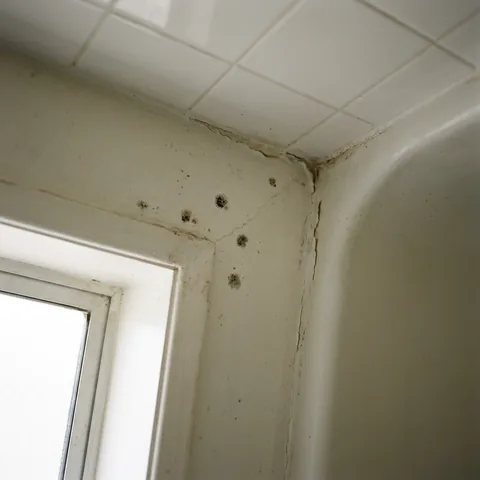 Bathroom ceiling corner with a few small dark spots near the seam