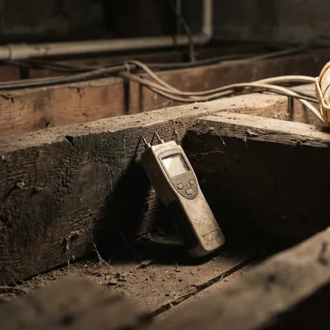 Basement floor joists with a moisture meter propped nearby