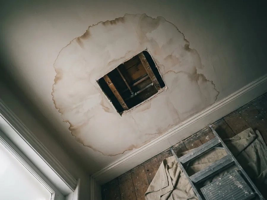 Water-stained ceiling with a small square inspection cut, stepladder edge in frame