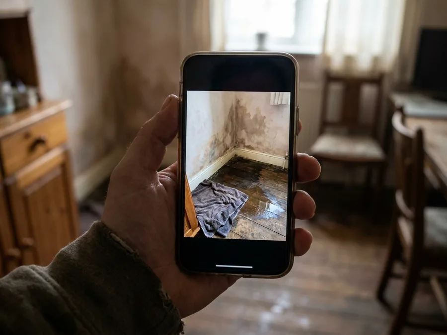 Phone held up photographing a water-stained wall and wet floor