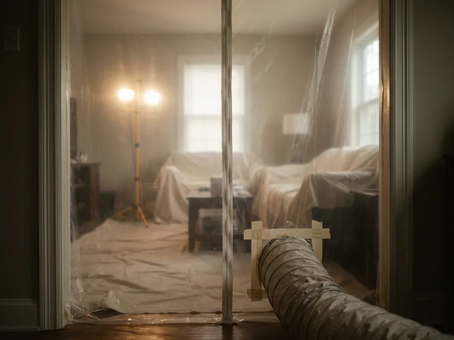 Plastic containment sheeting taped across a doorway with a flexible duct run through it