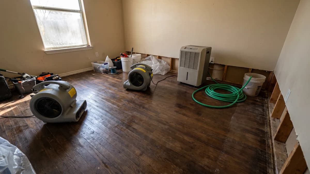 Air movers and a dehumidifier running on a damp floor in an emptied room