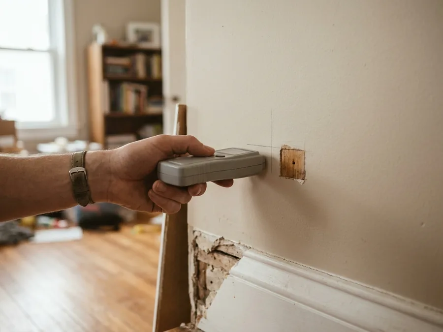 Handheld moisture meter held against drywall above a removed baseboard